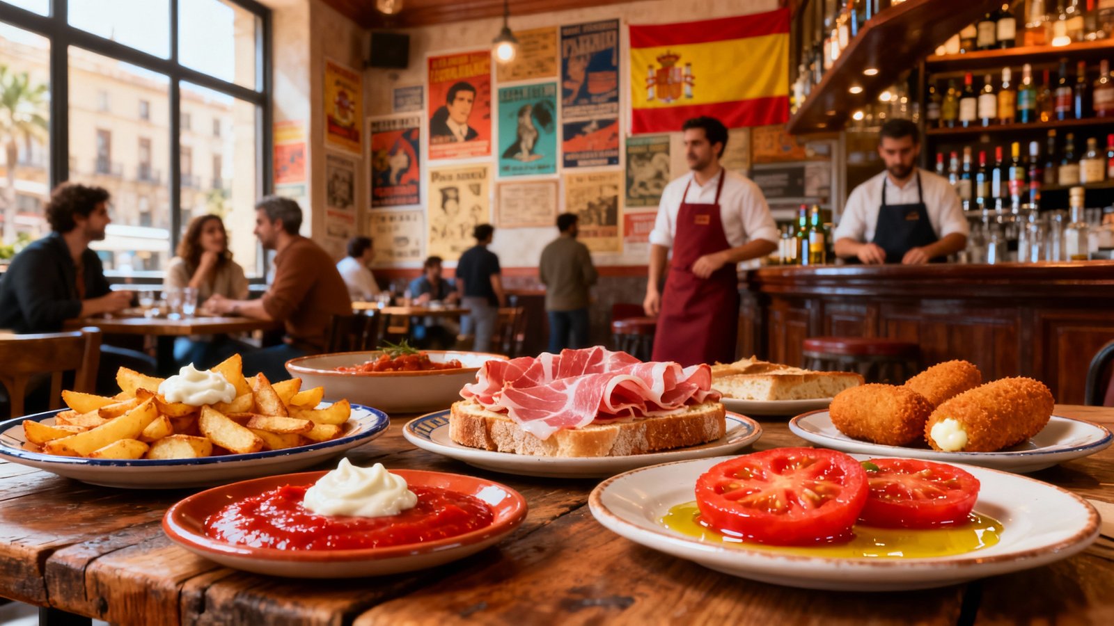 Ultra-realistic photo of assorted tapas plates in a lively Barcelona bar, natural lighting, vivid colors, cinematic wide angle