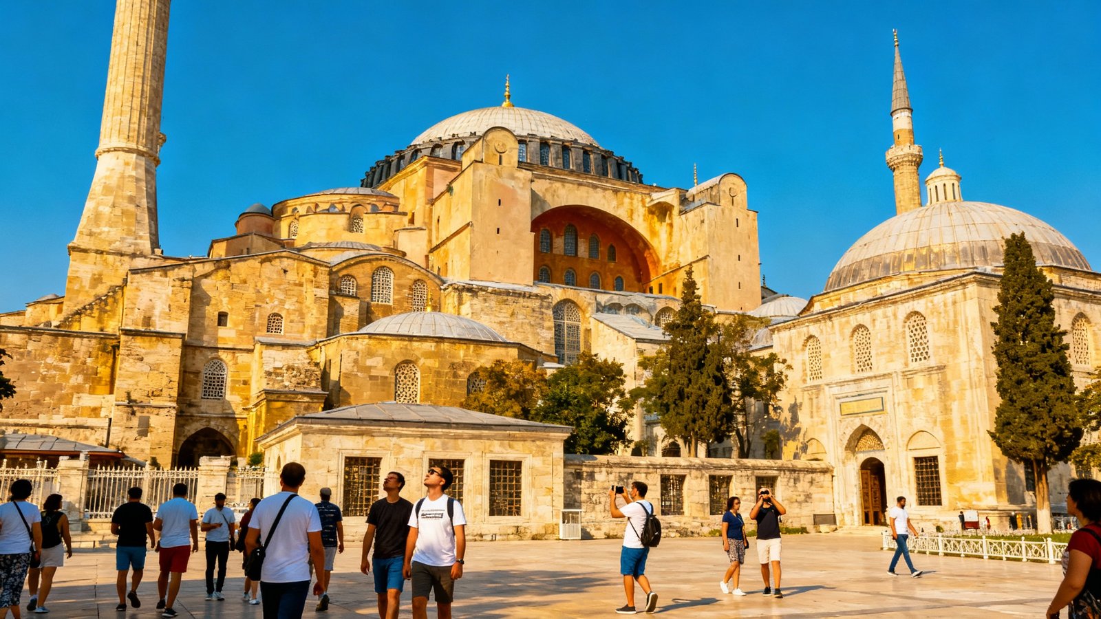 Ultra-realistic wide image of Hagia Sophia under blue skies with visitors strolling in front