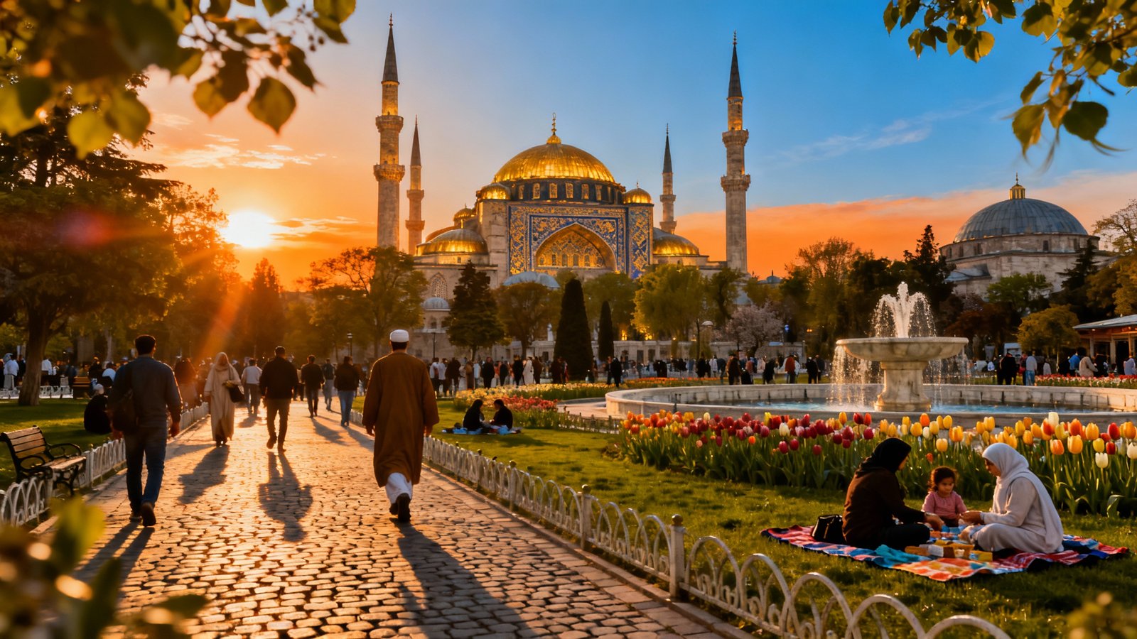 Ultra-realistic shot of the Blue Mosque with rich golden hour lighting and people enjoying the gardens