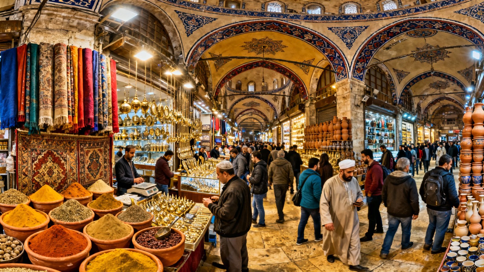 Ultra-realistic, wide-angle shot of the colorful, bustling interior of the Grand Bazaar, rich with detail