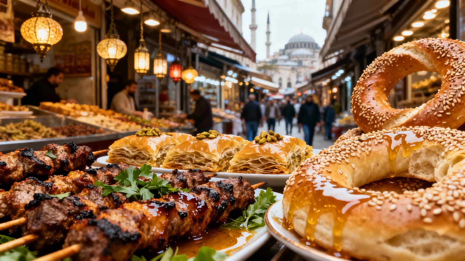 Ultra-realistic, vivid food photograph featuring Turkish kebabs, baklava, and simit in a bustling Istanbul street market