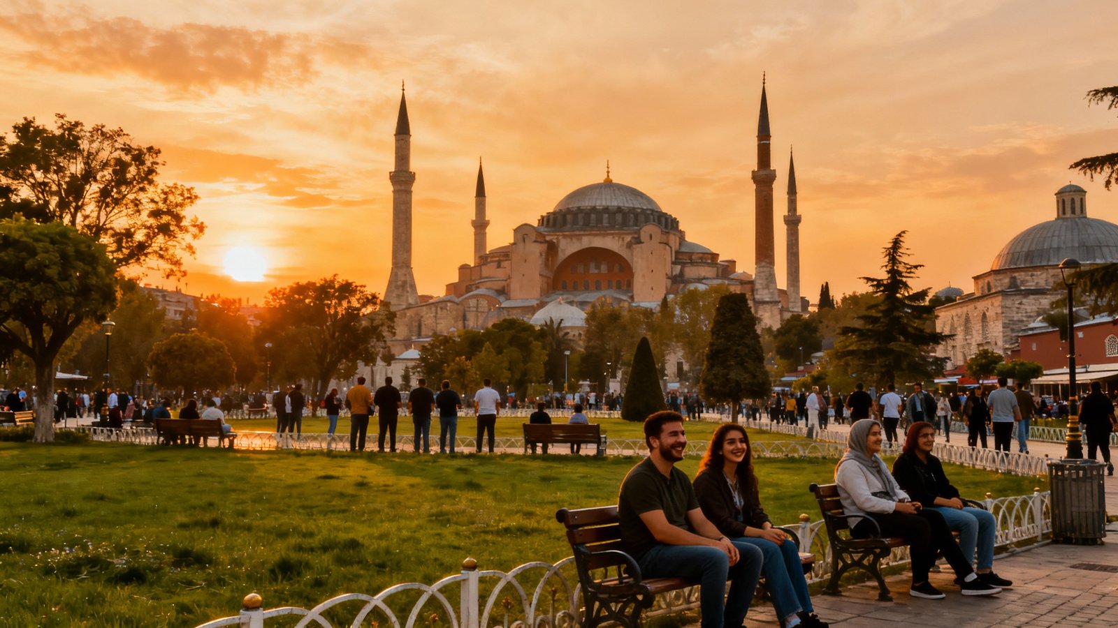 Ultra-realistic wide-angle photo of a sunset over Istanbul’s skyline from a park, with locals enjoying the scenery