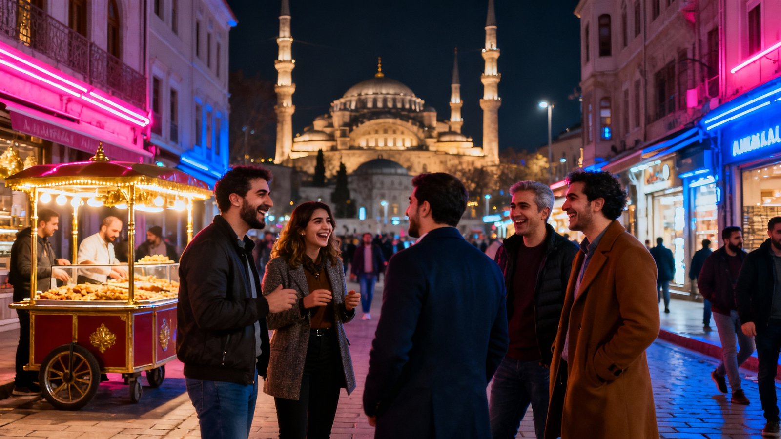 Ultra-realistic view of a vibrant nightlife street in Istanbul, neon lights, people laughing, cinematic travel photography