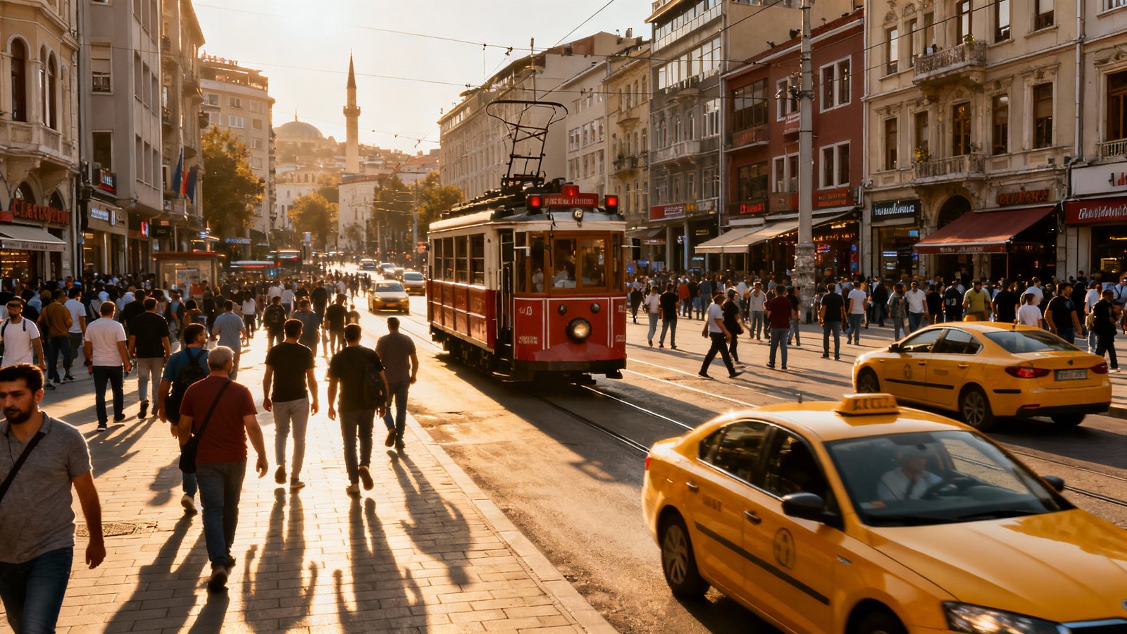 Ultra-realistic wide angle view of Taksim Square, bustling with life, streetcars, city energy, cinematic daylight