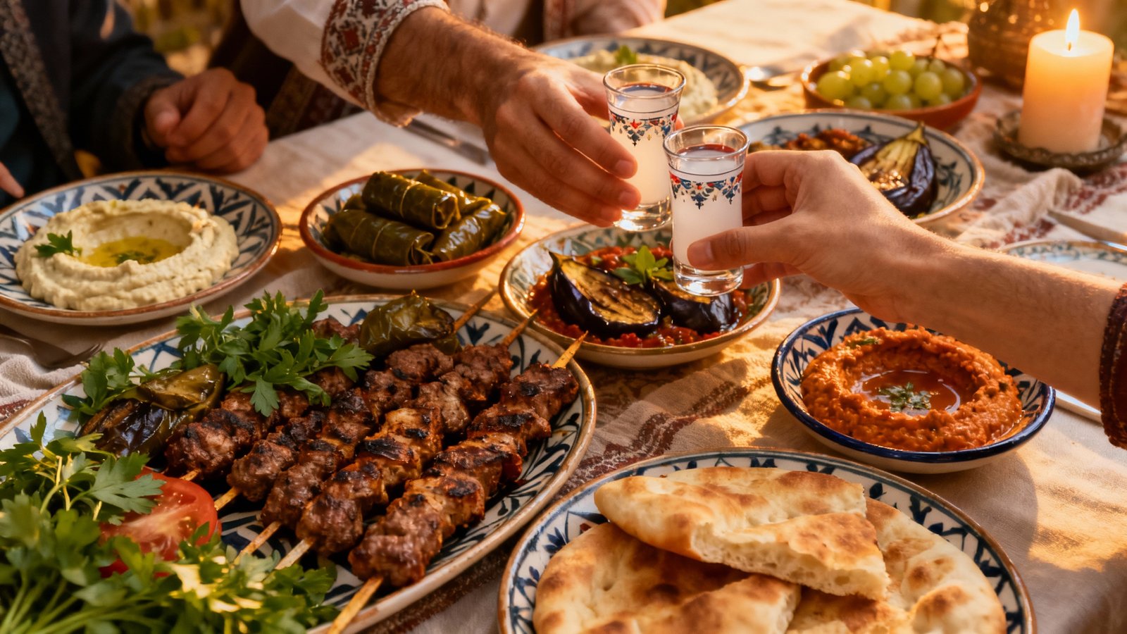 Ultra-realistic cinematic image of a traditional Turkish dinner table laden with meze, kebabs, bread, lively ambiance, professional travel photography