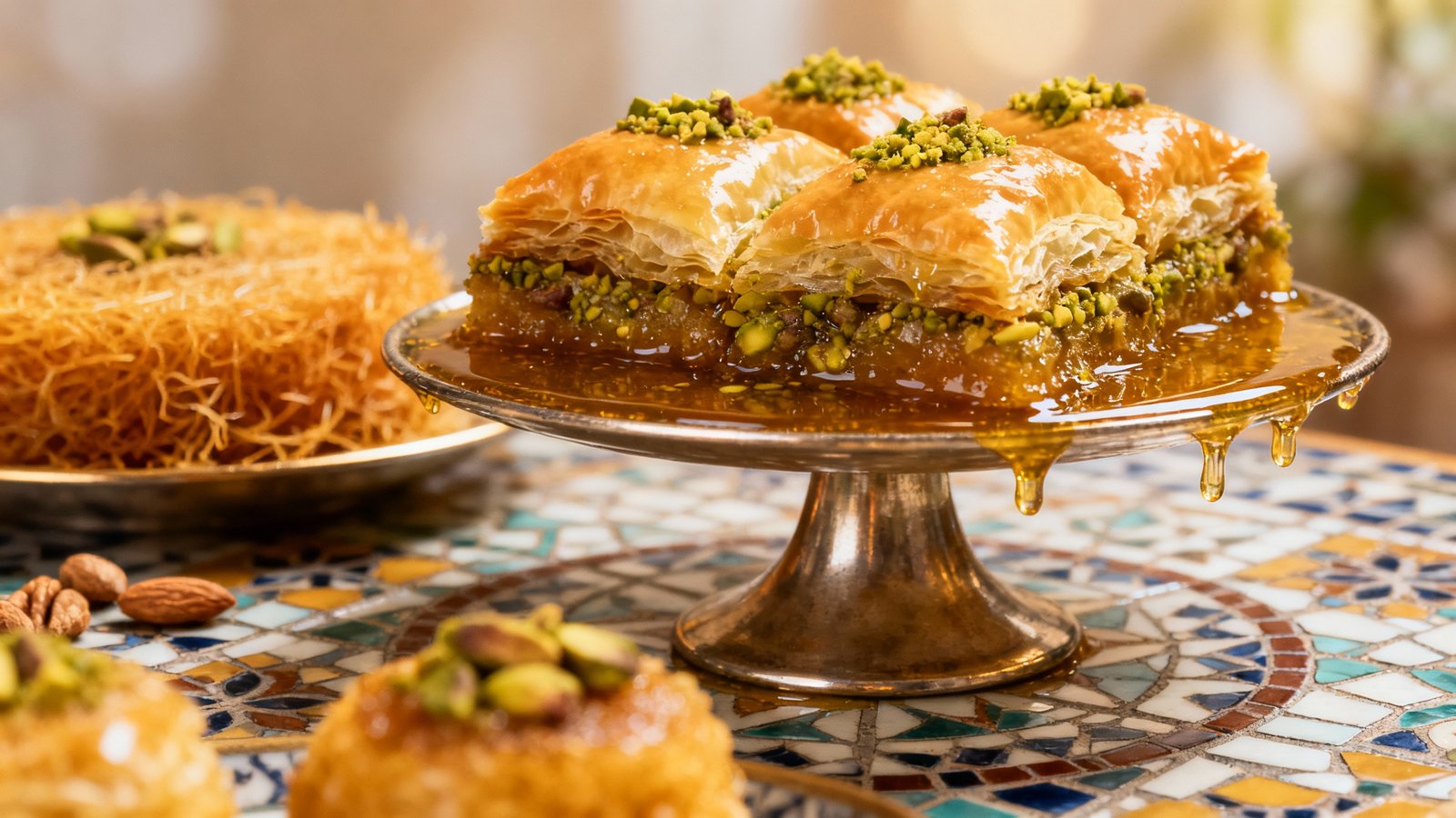 Ultra-realistic close-up of a baklava platter and assortment of Turkish desserts, glistening syrup and pistachios, on a mosaic-tiled table