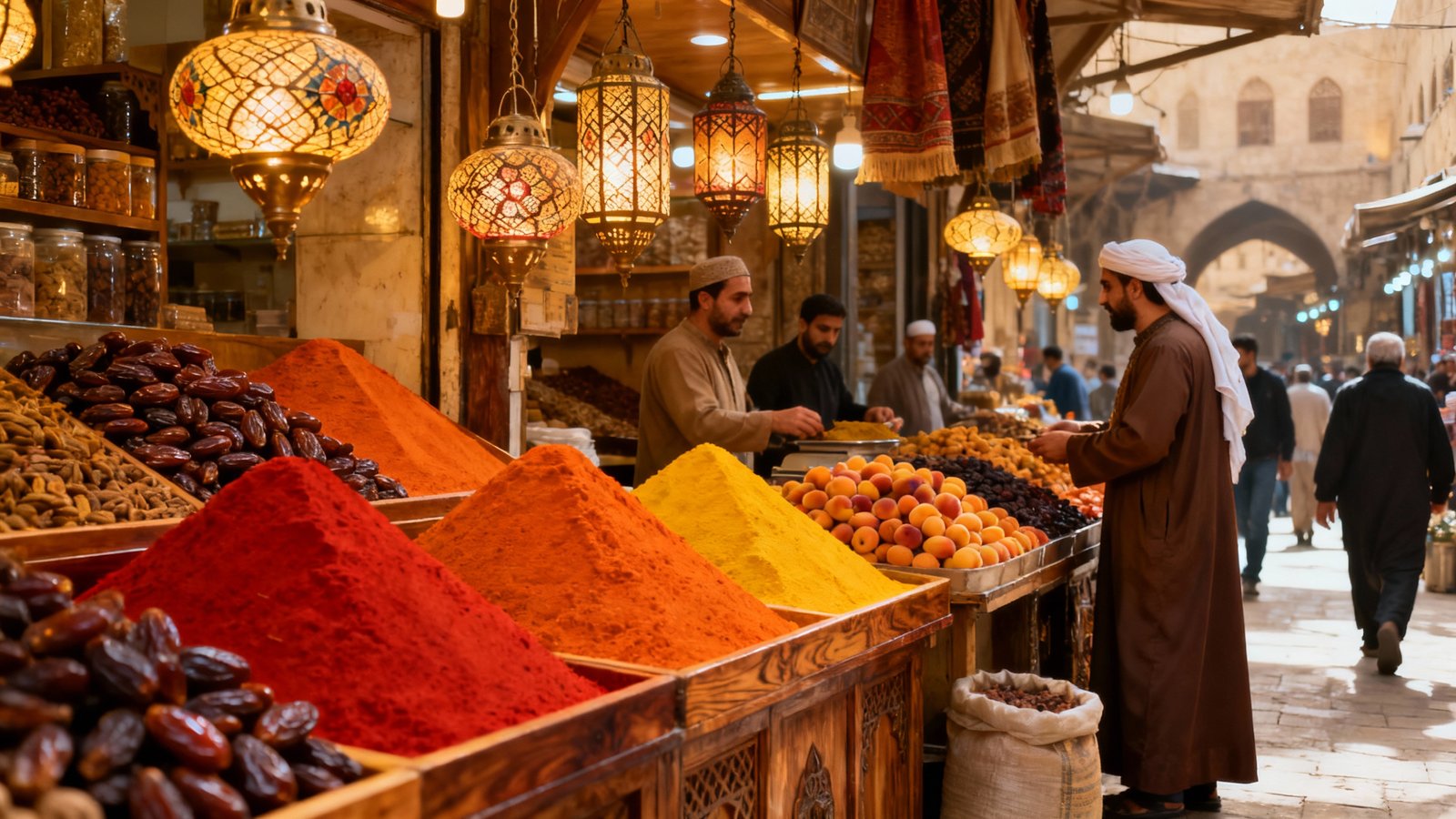 Ultra-realistic interior of Istanbul’s Spice Bazaar: vibrant spice mounds, hanging lanterns, dried fruit stalls, and bustling local shoppers