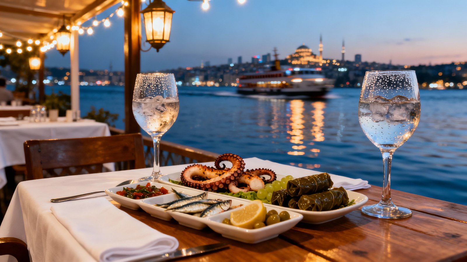 Ultra-realistic evening view from a Bosphorus waterfront restaurant: outdoor dining table, seafood meze, city lights reflecting on the water, gentle ambient lighting