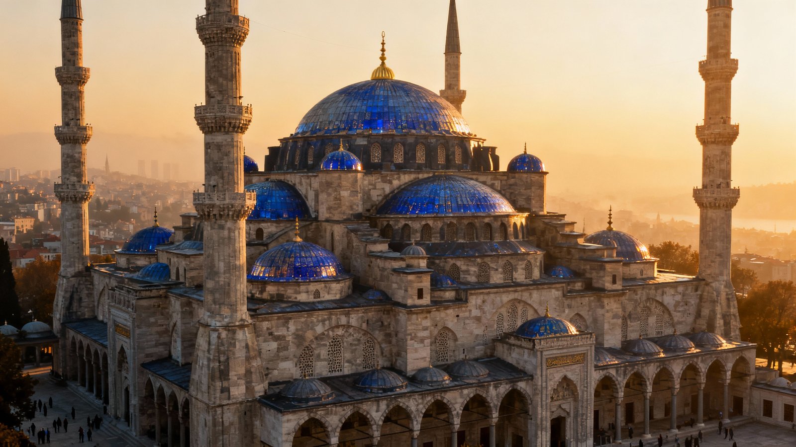 Ultra-realistic image capturing the Blue Mosque’s exterior at sunrise, soft light highlighting its domes and minarets.