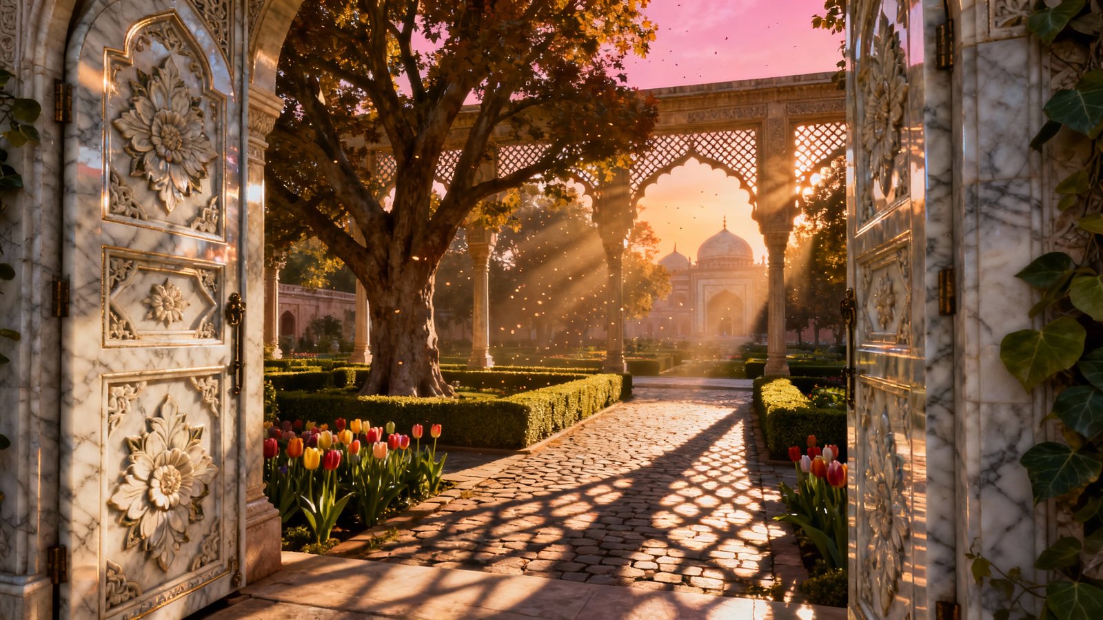 Ultra-realistic image of the ornate gates and lush gardens at Topkapi Palace, dappled with afternoon sunlight.