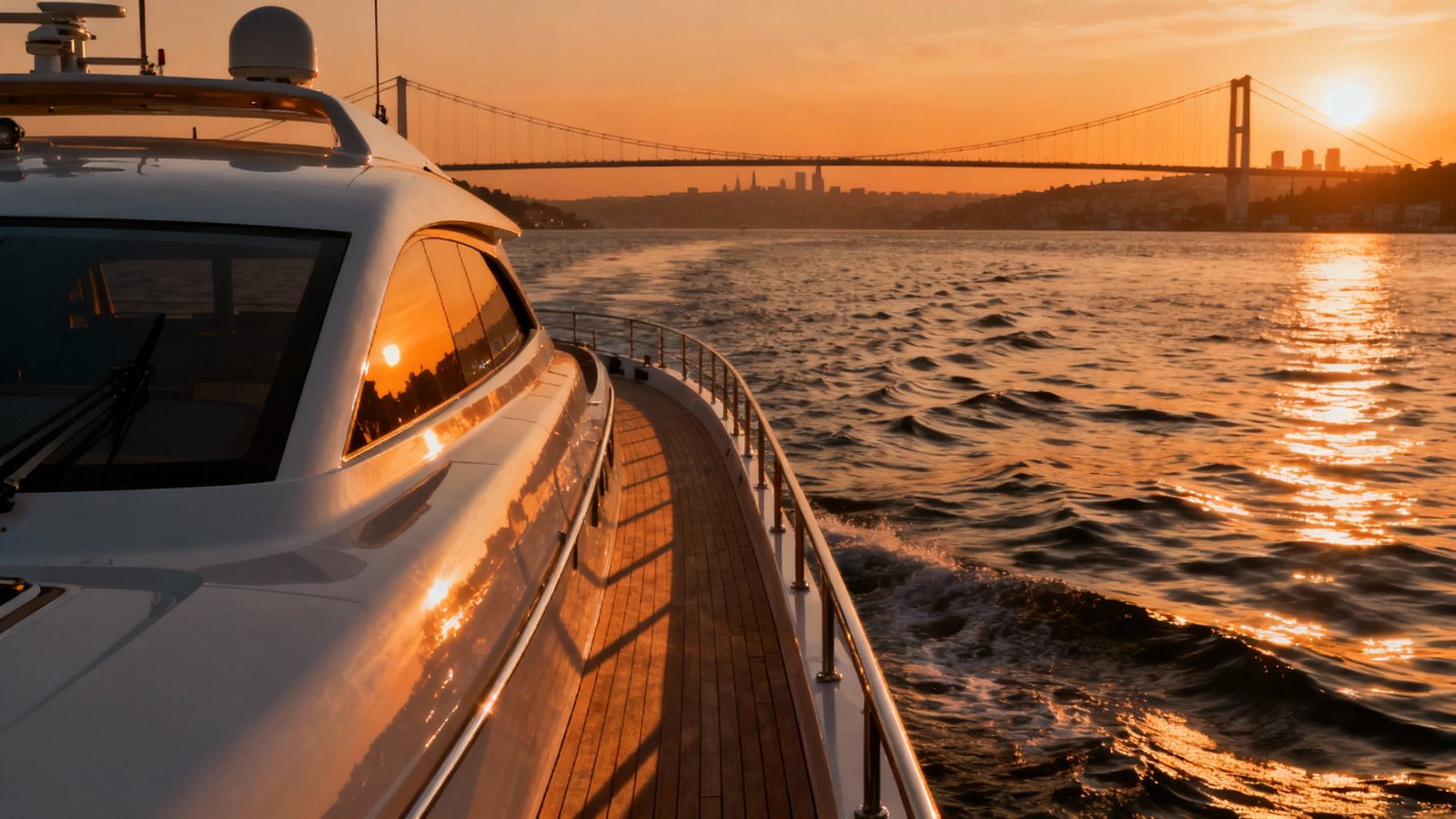 Ultra-realistic image of a boat gliding on the Bosphorus at sunset, bridges and Istanbul’s silhouette in the distance.