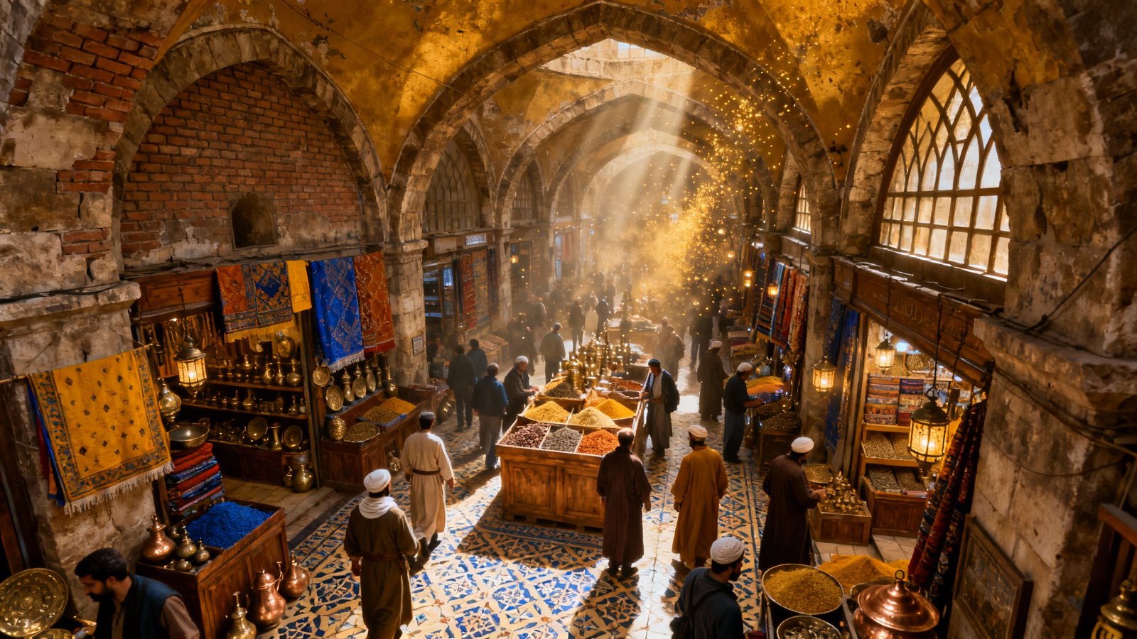 Ultra-realistic image showing the gold-lit vaulted corridors of the Grand Bazaar, filled with people and vibrant merchandise.