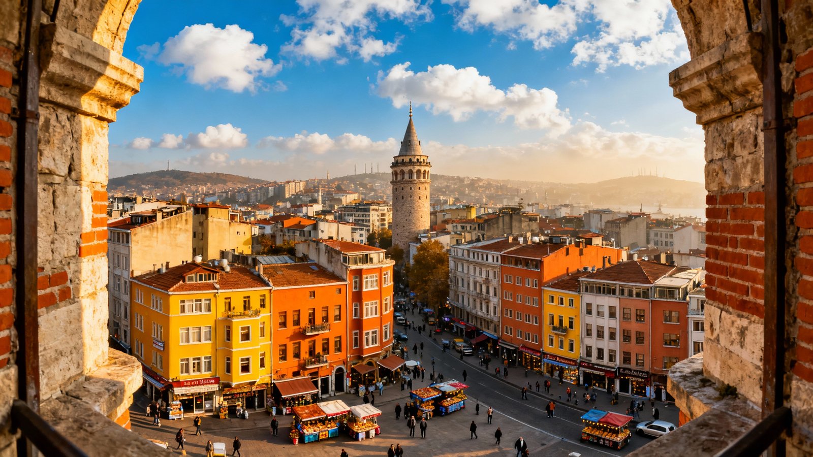 Ultra-realistic image capturing the view from atop Galata Tower, the colorful Beyoğlu district below, blue skies overhead.