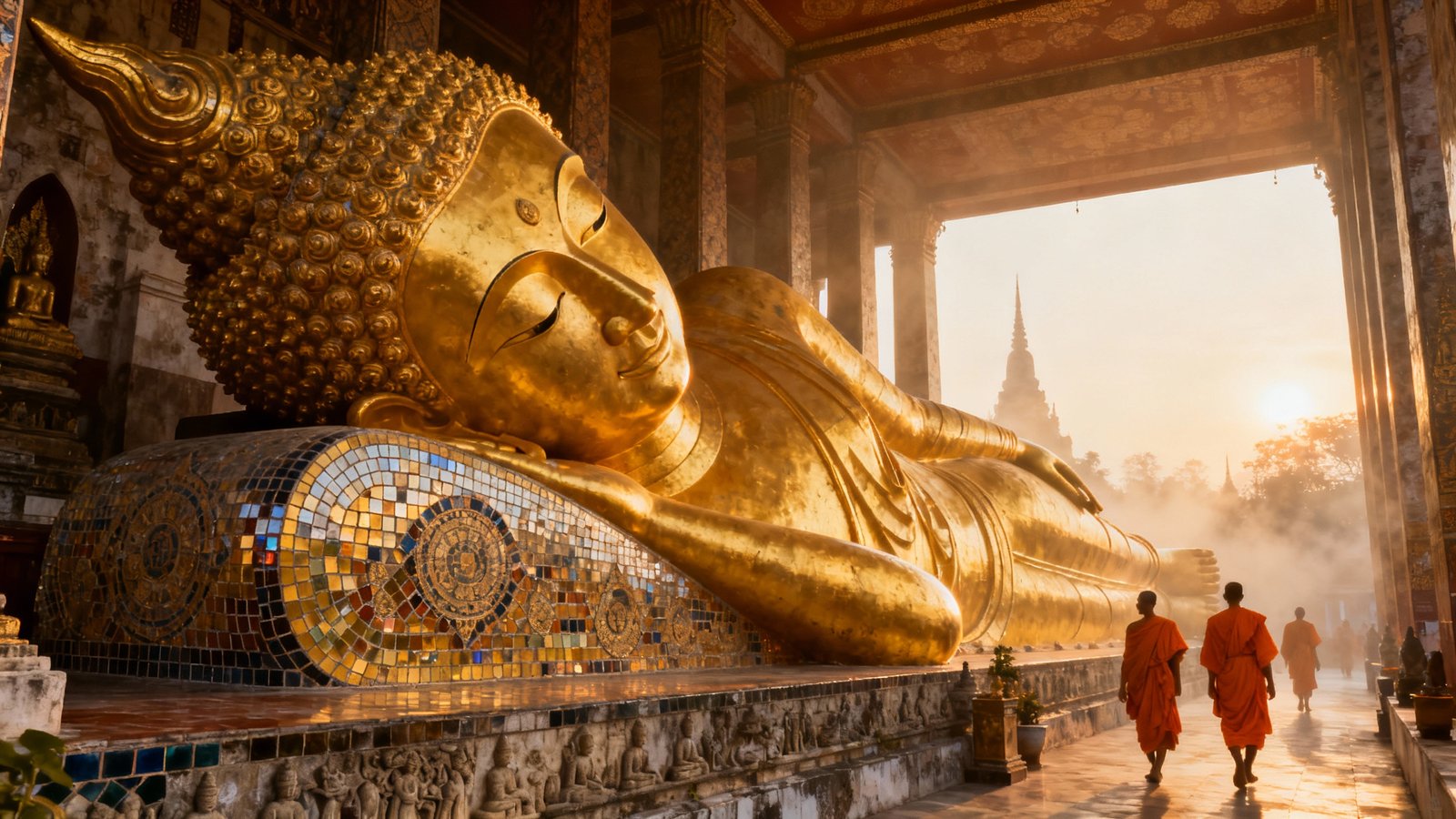 Wat Pho temple complex at sunrise, massive golden reclining Buddha statue, intricate mosaic tiles, monks in orange robes, peaceful atmosphere, ultra-realistic, cinematic detail