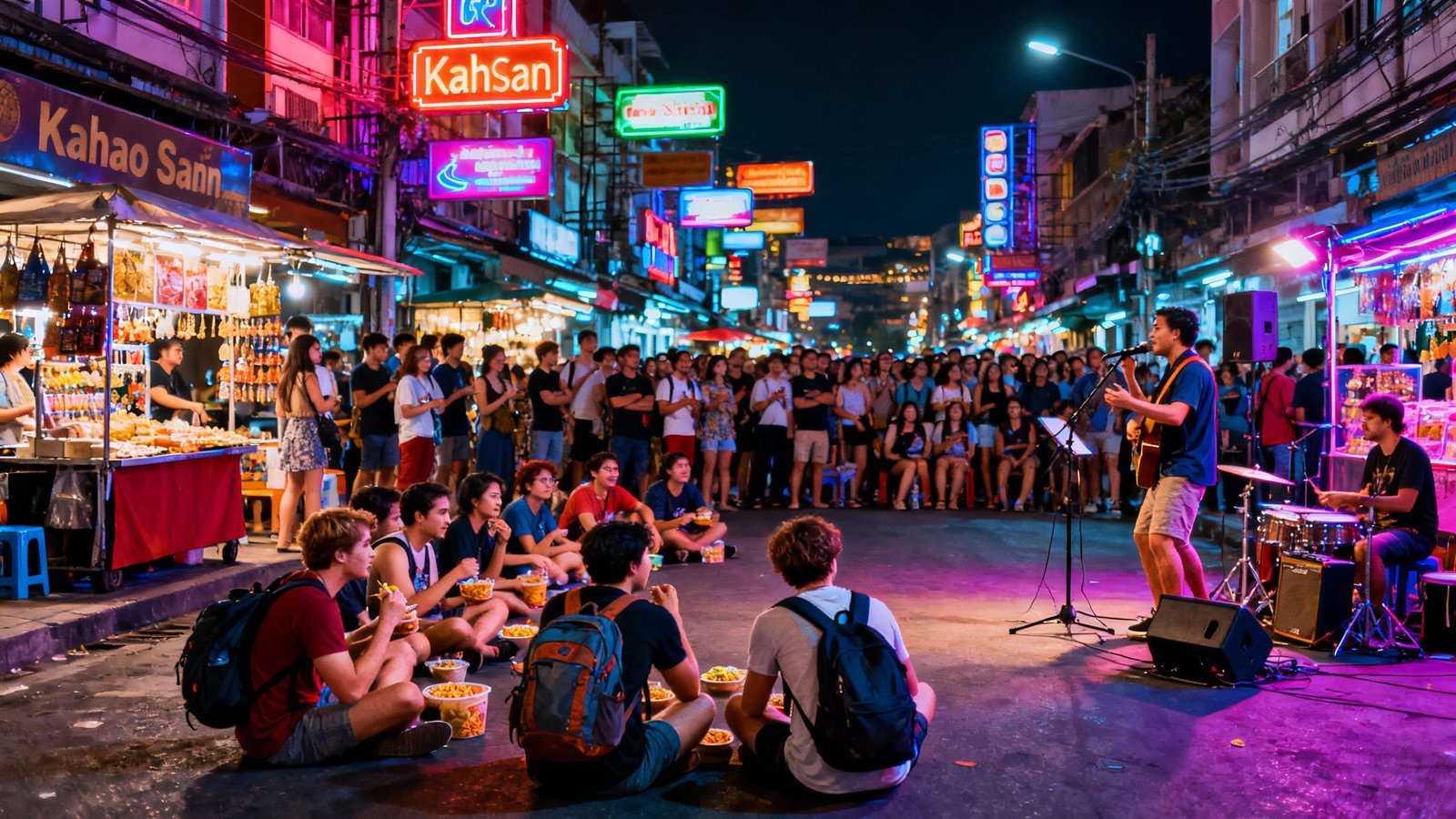 Khao San Road nightlife, lively crowd, glowing signs, night market booths, street performers, backpackers enjoying local snacks, sharp details, cinematic scene