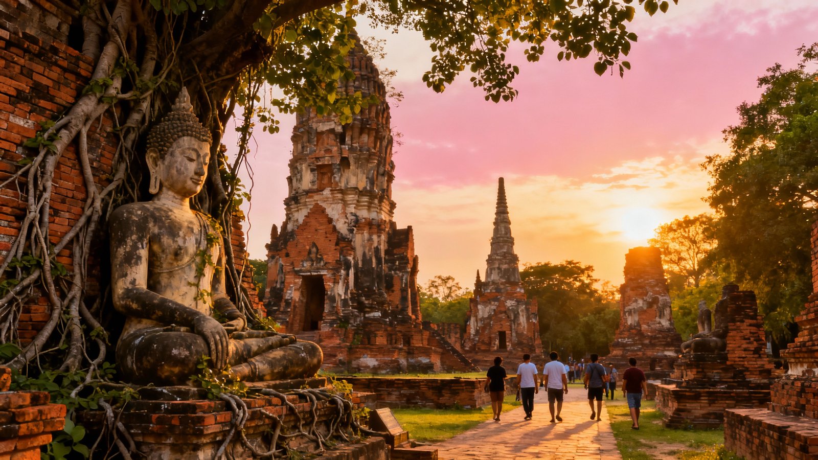 Ayutthaya ancient ruins at golden hour, crumbling brick temples, serene Buddha statues, local visitors exploring, lush greenery, mesmerizing sunset, ultra-realistic