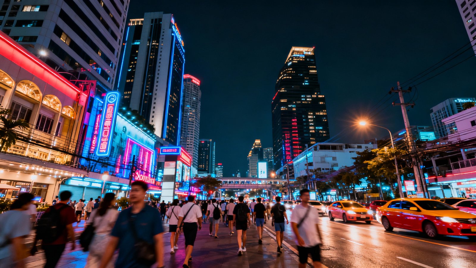 Ultra-realistic view of Bangkok’s Sukhumvit skyline at night, neon lights, crowds, modern high-rises, vivid colors, professional travel photography