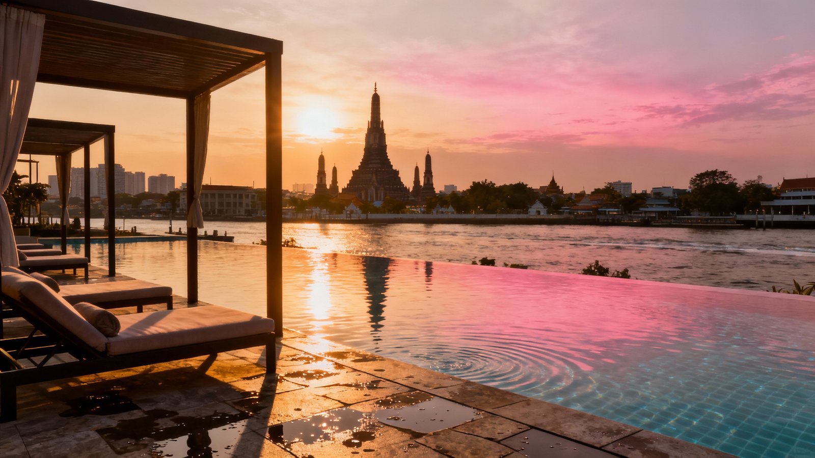Ultra-realistic riverside hotel in Bangkok at sunset, luxury pools overlooking the Chao Phraya River, temple silhouettes, cinematic lighting