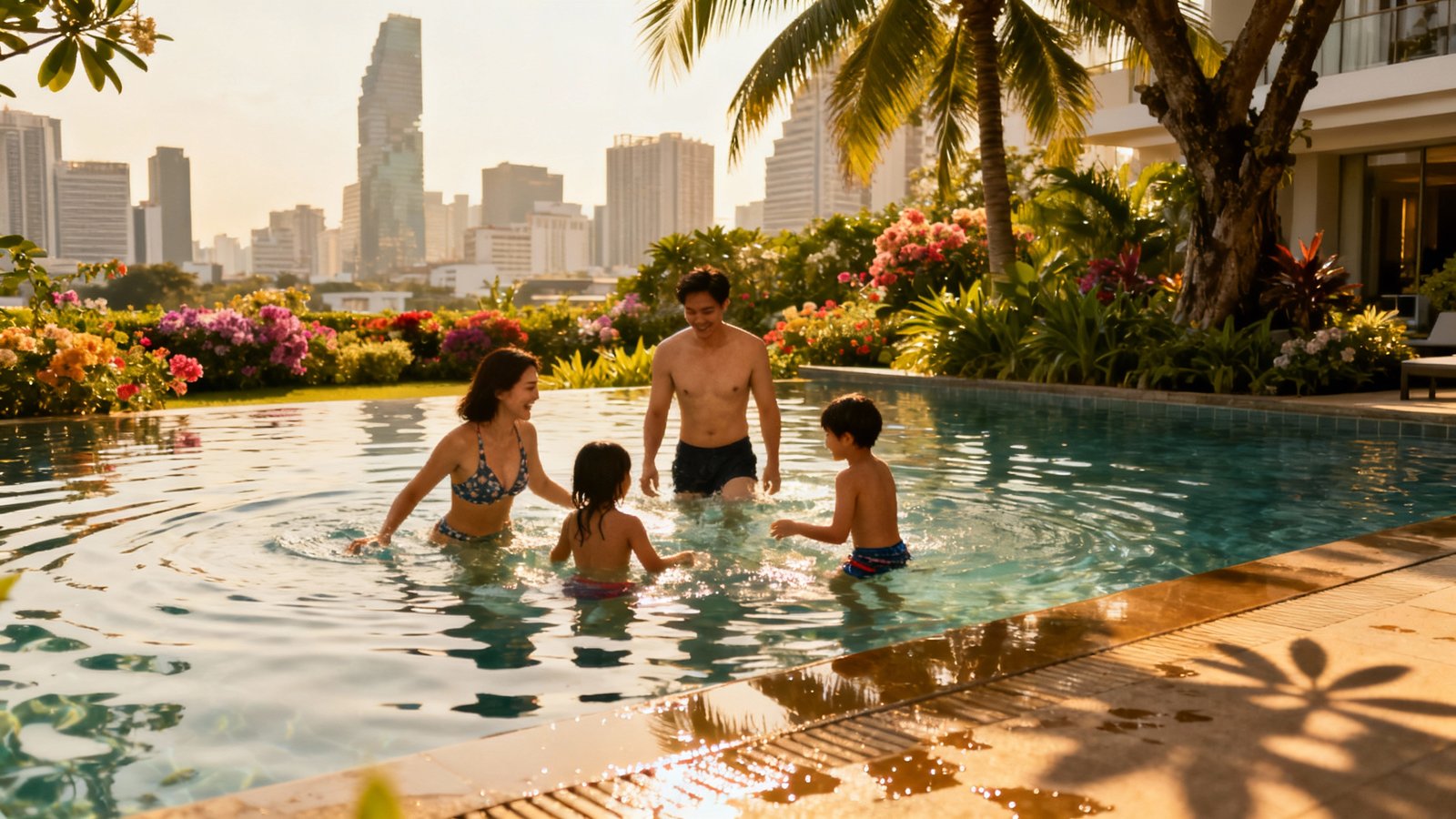 Ultra-realistic scene of a family enjoying a hotel pool in Bangkok, lush gardens, city skyline in background, natural lighting