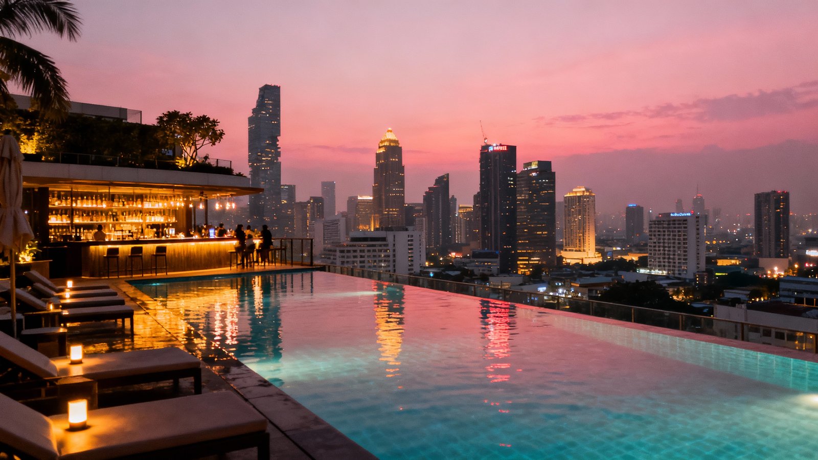 Ultra-realistic panoramic view of Bangkok skyline at dusk from rooftop bar, infinity pool, vibrant lights, wide angle, professional color grading