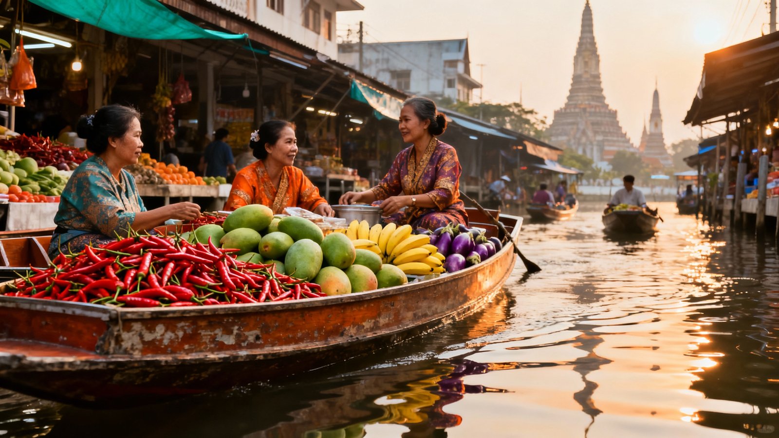 Ultra-realistic floating market in Bangkok with food boats, locals, and colorful produce, cinematic wide view, natural lighting