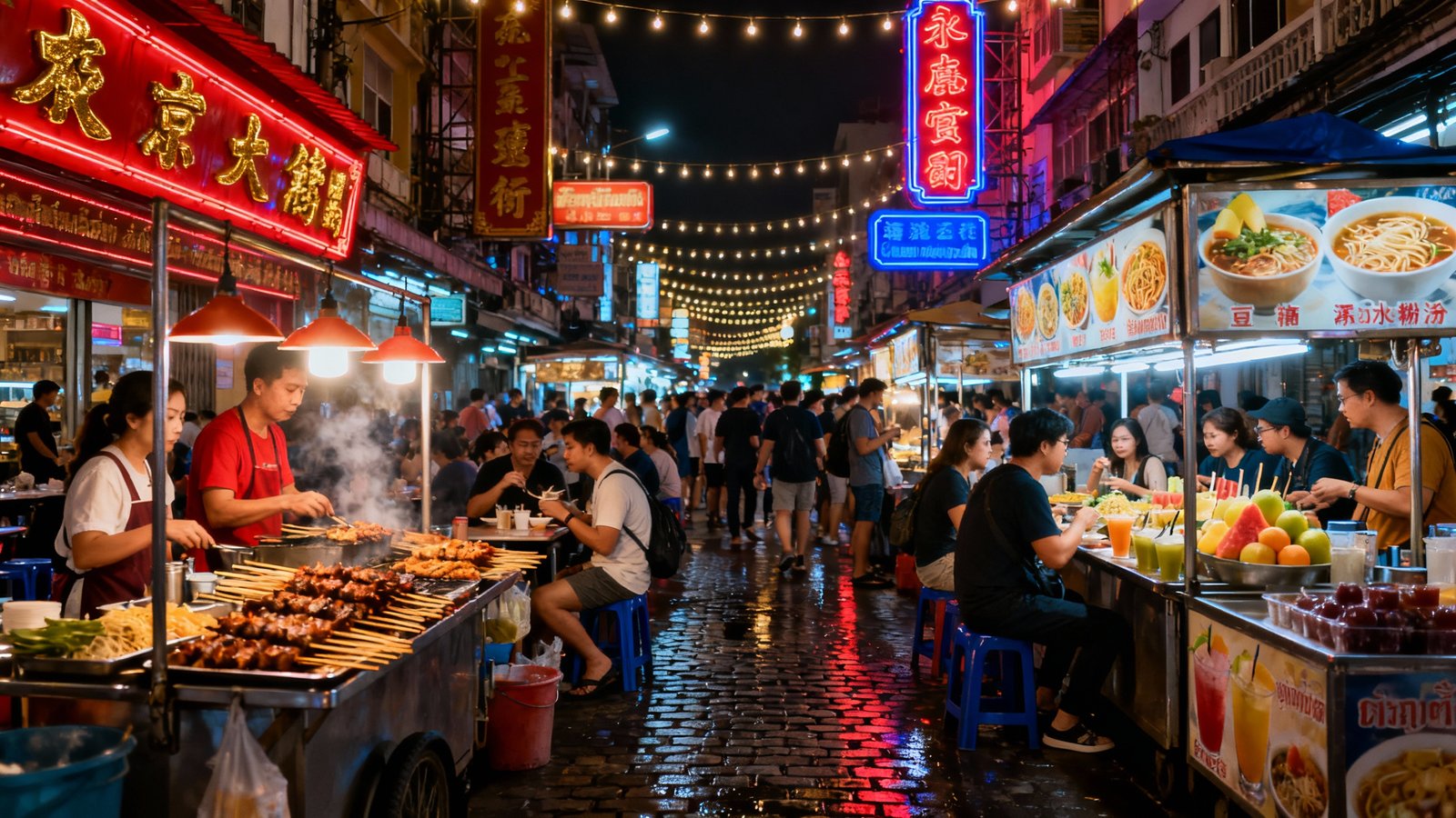 Ultra-realistic Yaowarat Chinatown night market scene, bustling with food stalls, crowds, and neon lights in Bangkok