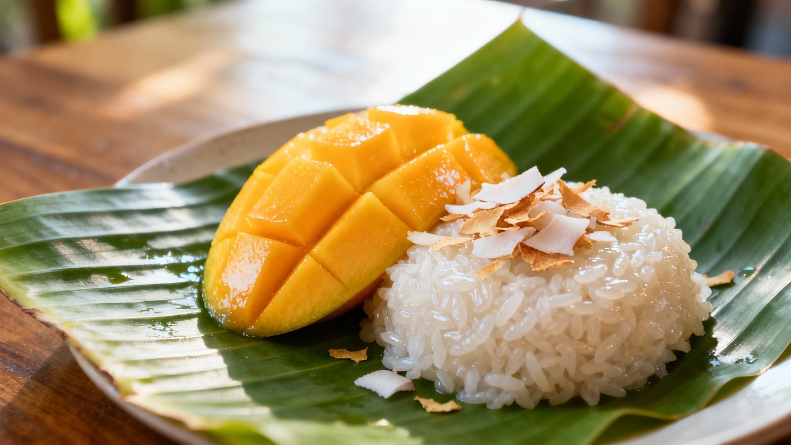 Ultra-realistic image of mango sticky rice dessert presented on a banana leaf with fresh mango and coconut, vibrant colors, natural lighting