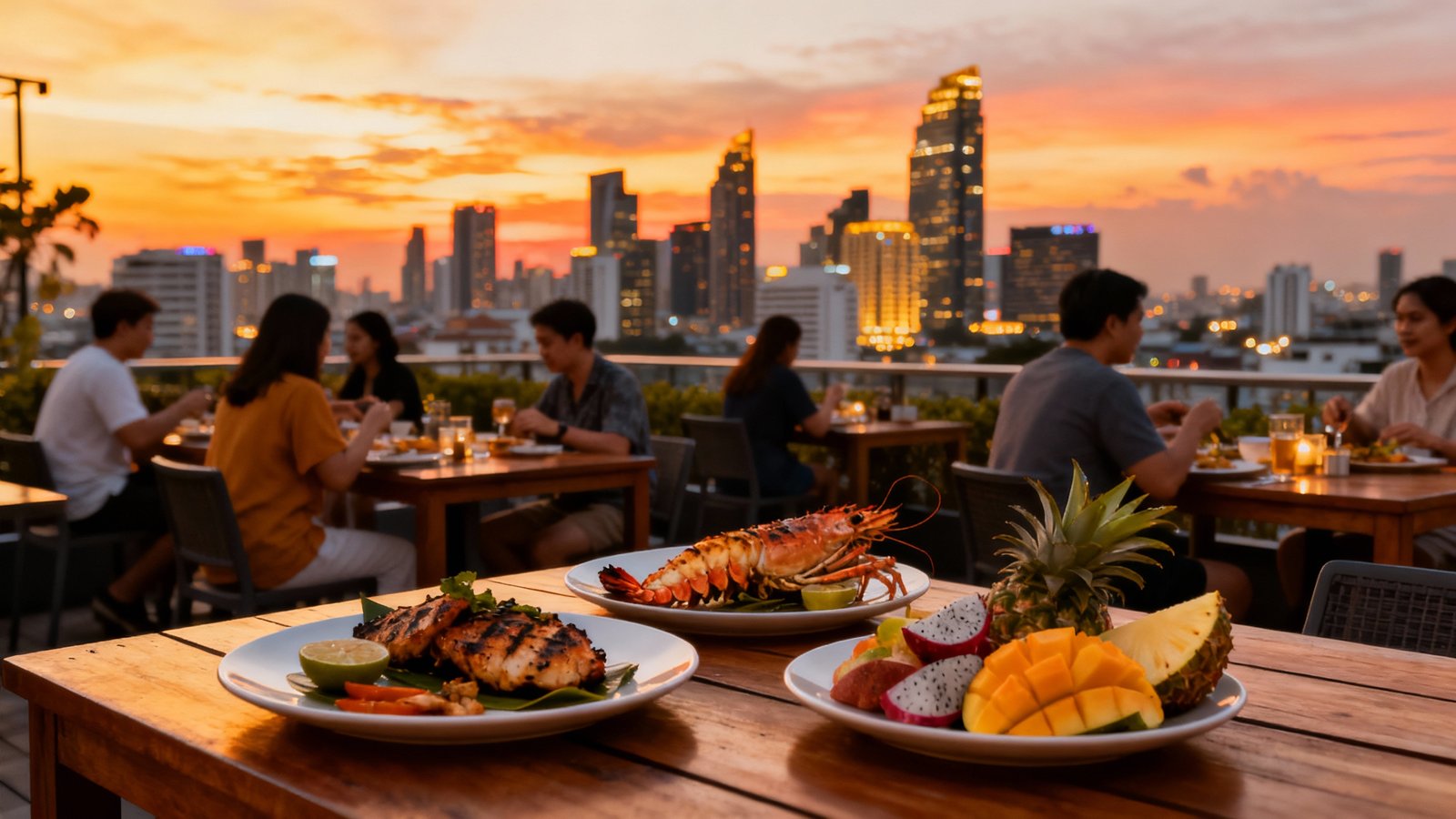 Ultra-realistic Bangkok rooftop dinner scene with gourmet food, city skyline, colorful sunset, natural lighting, and guests dining al fresco
