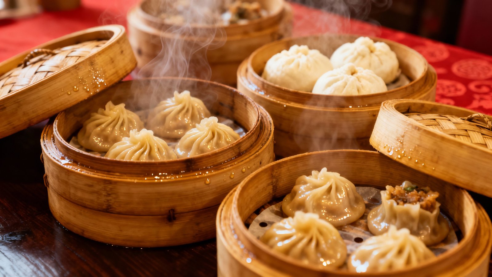 A close-up shot of a variety of steaming dim sum baskets filled with delicate dumplings and buns on a traditional restaurant table