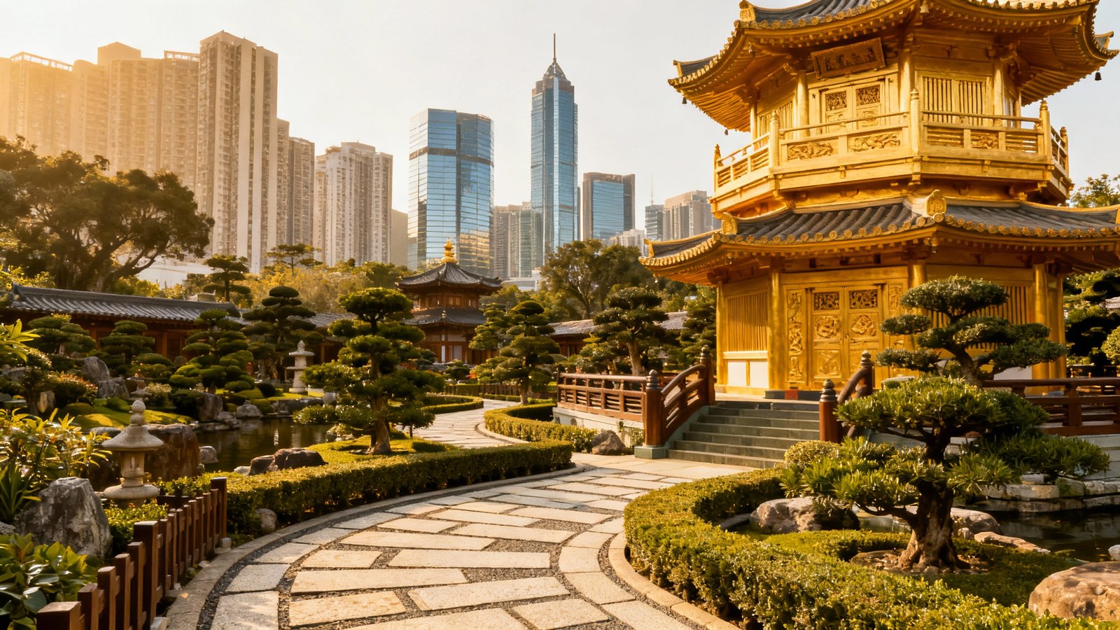 The tranquil and perfectly manicured Nan Lian Garden with its golden pavilion and traditional Chinese architecture, set against a backdrop of modern skyscrapers