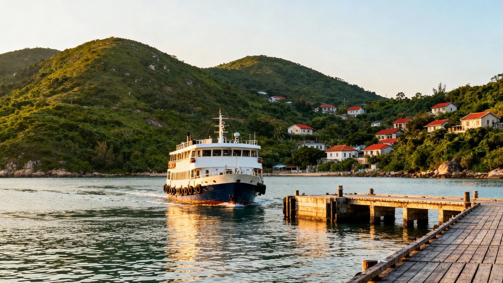 A scenic view of a ferry approaching a pier on Lamma Island, with green hills and small village houses in the background