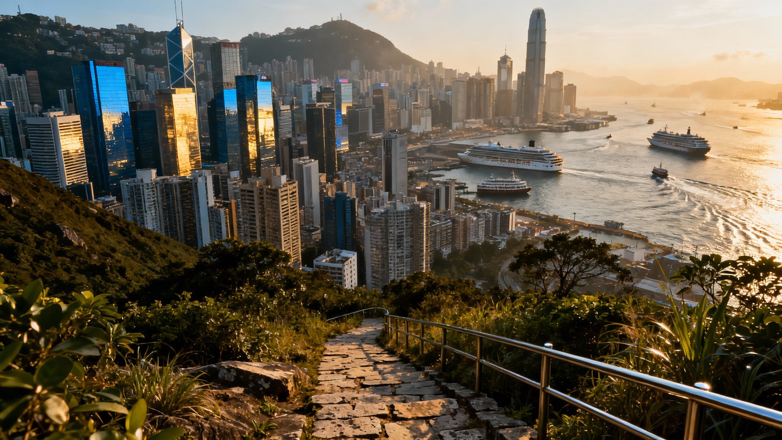 An ultra-realistic, cinematic wide-angle shot of the Hong Kong skyline as seen from Victoria Peak, with towering skyscrapers and the harbor below under natural daylight