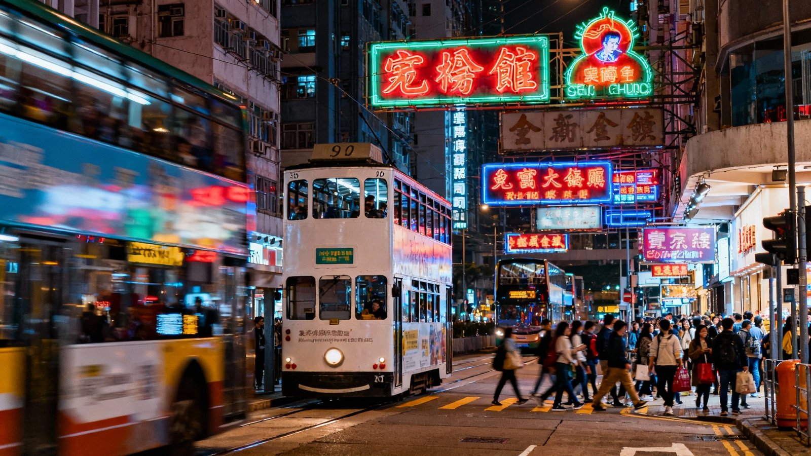 A sharp, high-detail photo of a bustling Causeway Bay street at night, with vibrant neon signs, double-decker trams, and crowds of shoppers under vivid city lights