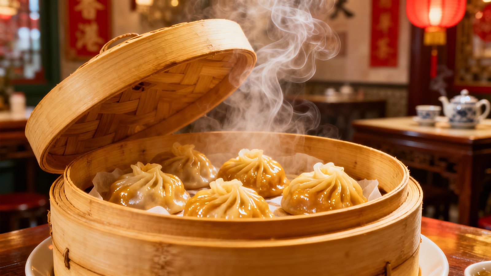 A close-up, ultra-realistic shot of a bamboo steamer basket being opened to reveal perfectly crafted dim sum, with steam rising gently in a traditional Hong Kong teahouse setting