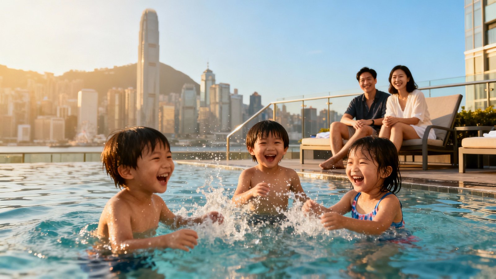 A happy family with young children relaxing by a rooftop hotel pool, with the stunning Hong Kong skyline visible in the background under a clear blue sky, captured in a natural, candid style