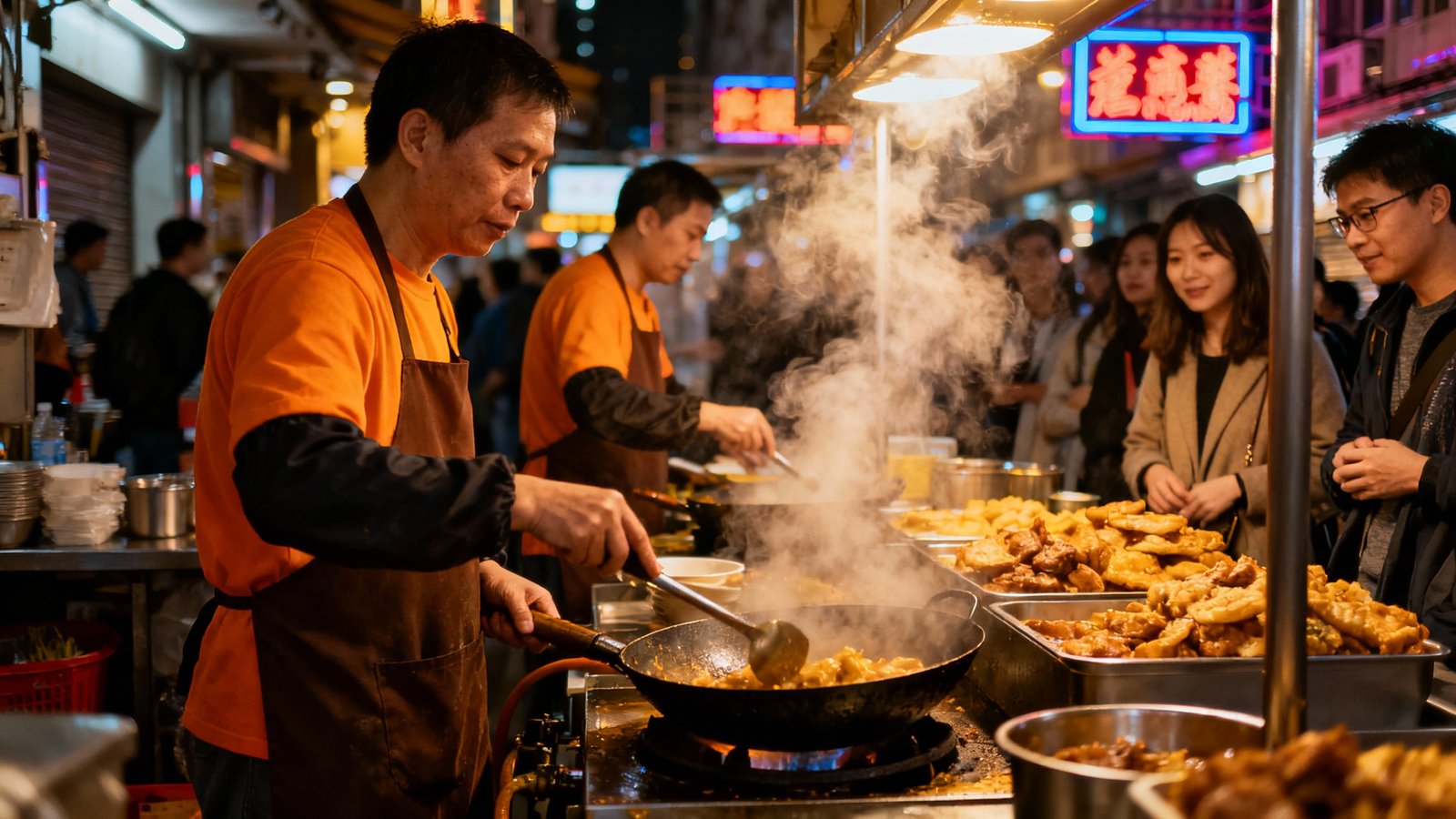 A bustling Hong Kong street food stall at night with steam rising from woks