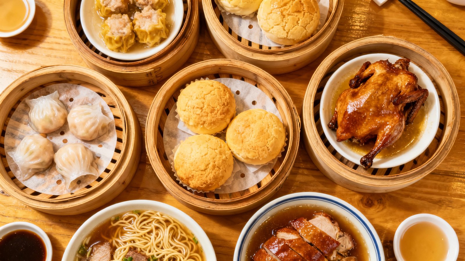 An overhead shot of a dining table filled with various Hong Kong dishes like dim sum, roast duck, and noodles