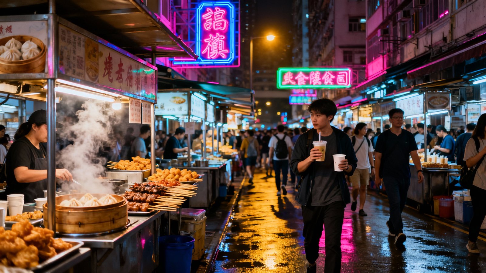 A cinematic wide-angle shot of a bustling Hong Kong night market with neon signs and food stalls