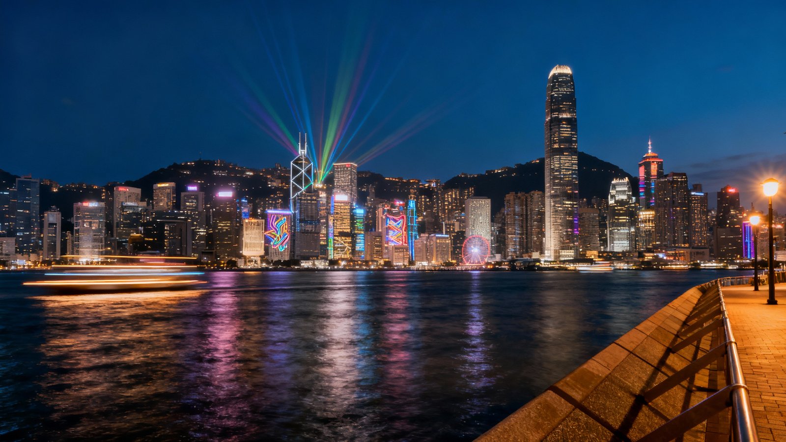 Ultra-realistic, high-detail photograph of the Victoria Harbour skyline at night, with the Symphony of Lights show illuminating the skyscrapers and reflecting on the water, captured from the Tsim Sha Tsui promenade
