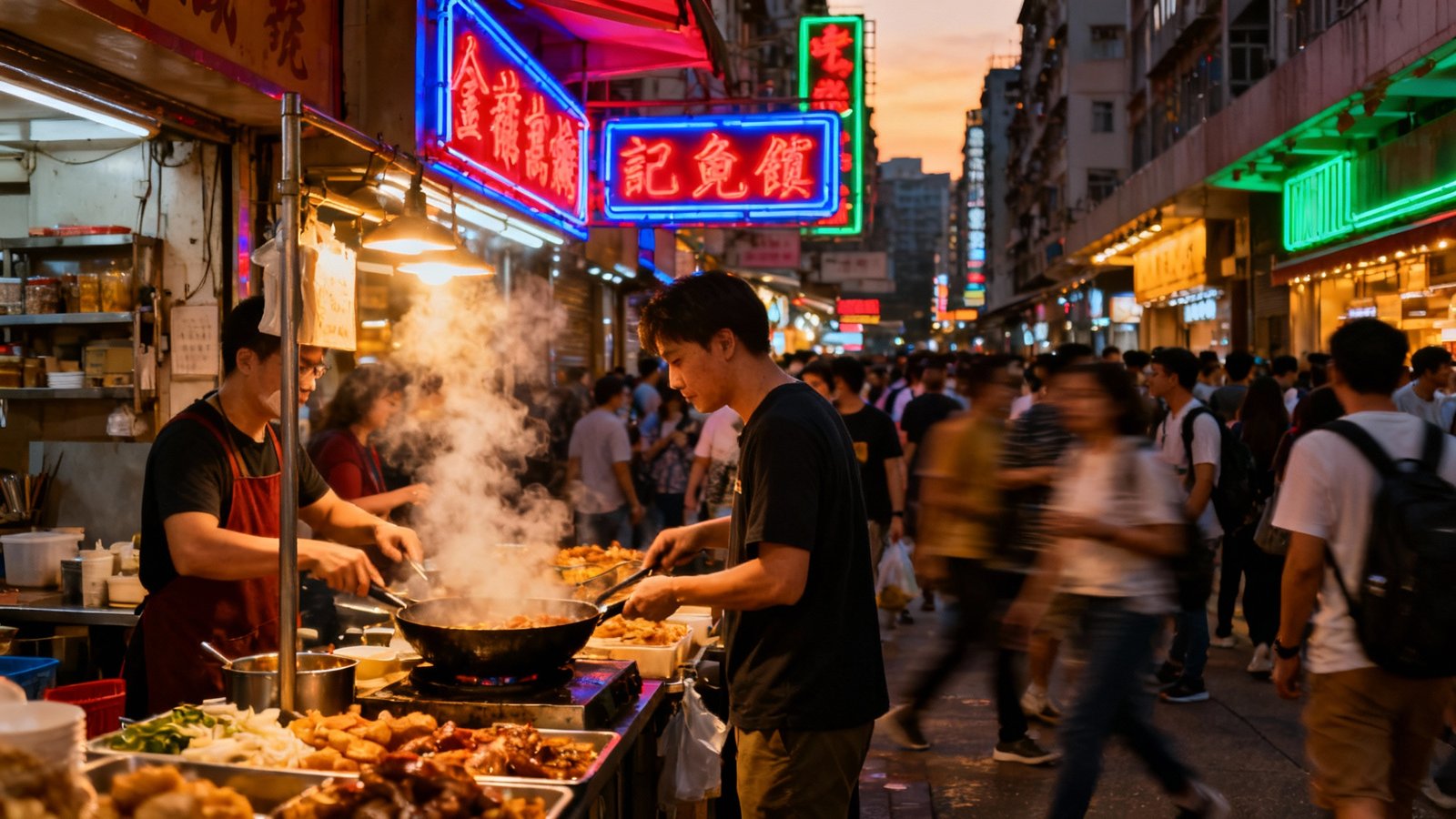 Vivid, ultra-realistic shot of a bustling Mong Kok market street at dusk, with neon signs glowing, crowds of people, and street food stalls creating a dynamic and energetic scene