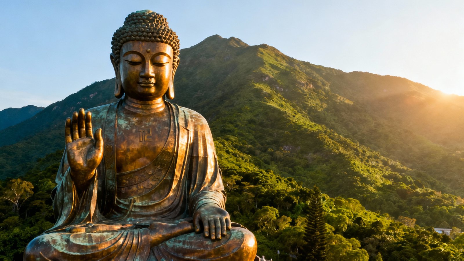 Ultra-realistic, high-detail photo of the Tian Tan Buddha on Lantau Island, with natural morning light illuminating the bronze statue and the lush green mountains in the background