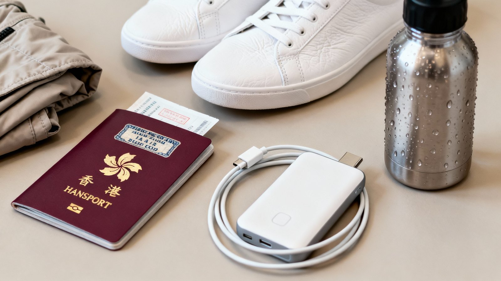 A flat lay of travel essentials for a Hong Kong trip, including a passport, comfortable sneakers, a lightweight jacket, a portable power bank, and a reusable water bottle, all arranged neatly in ultra-realistic detail