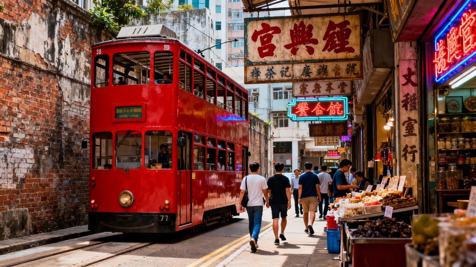 Authentic, ultra-realistic street scene in Hong Kong, showing a classic double-decker tram, traditional Chinese signs, and pedestrians, all under natural lighting with vivid colors