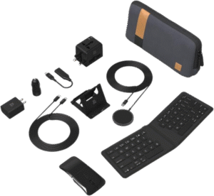 ZAGG Desktop Essentials International Travel Kit - International Power Adapter, Foldable Bluetooth Keyboard, Mouse, Wireless Charger, USB C Charging Cable, HDMI, Car Charger, 20W USB C Charging Block