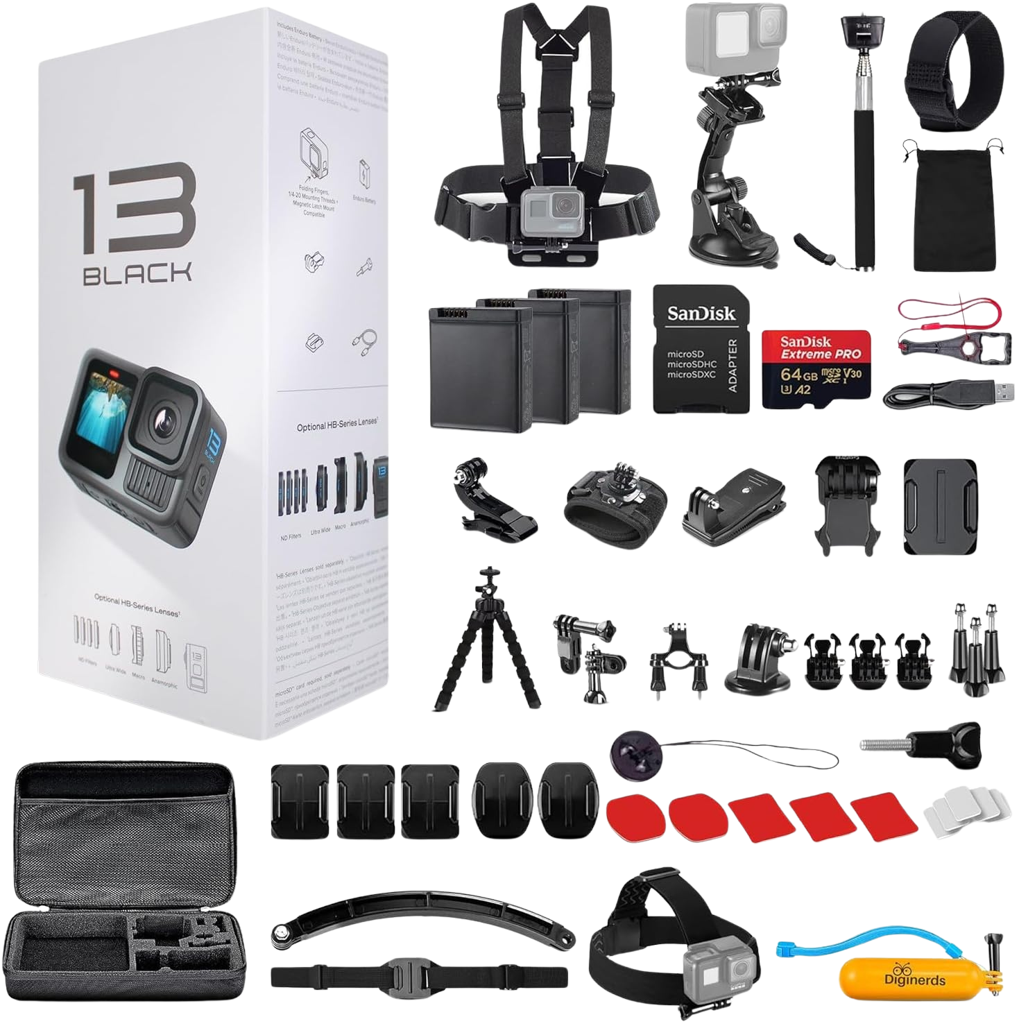 GoPro HERO13 Black - with 50 Piece Accessory Kit and 2 Extra Batteries + 64GB Card - Waterproof Action Camera - 5.3K HDR, 27MP Photos, 1/1.9" Sensor, Live Streaming, Webcam, Stabilization