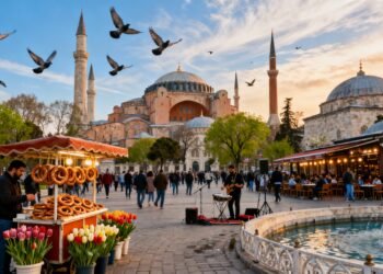 Ultra-realistic image of the bustling Sultanahmet Square, with Hagia Sophia and Blue Mosque in the background, on a bright spring morning.