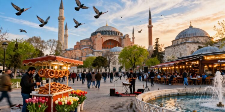 Ultra-realistic image of the bustling Sultanahmet Square, with Hagia Sophia and Blue Mosque in the background, on a bright spring morning.