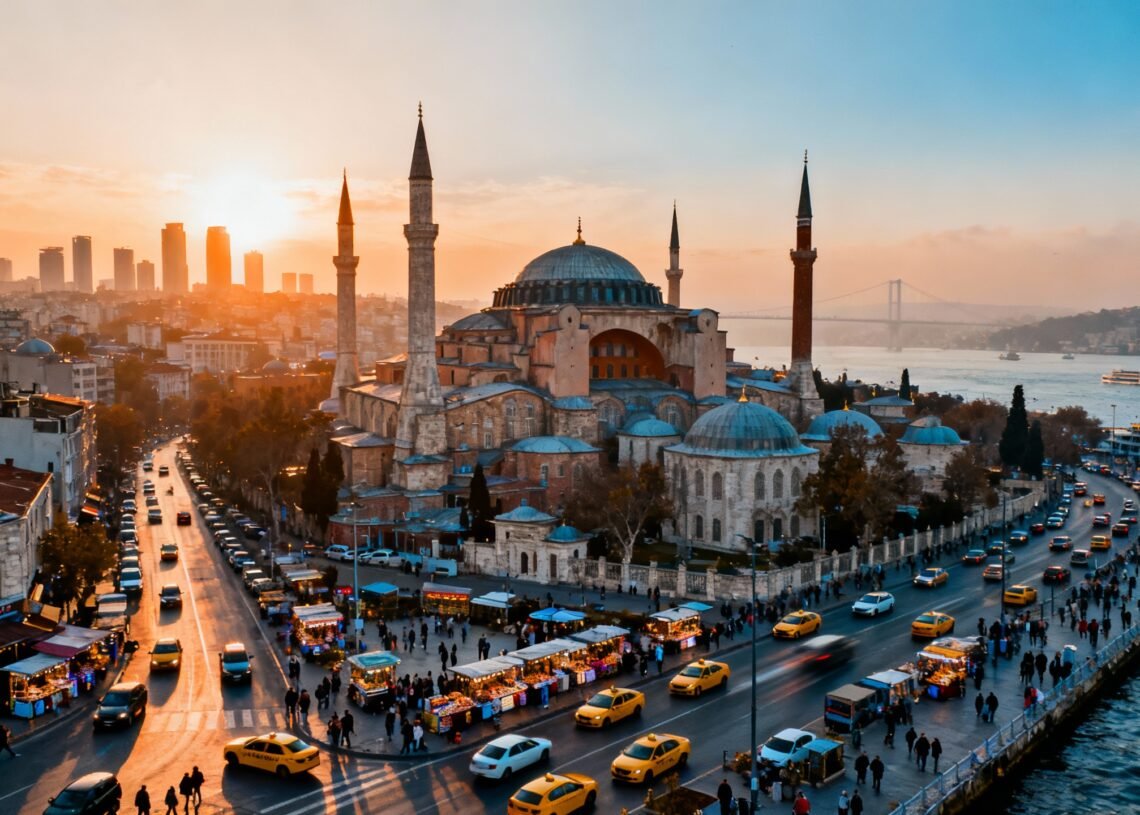 Ultra-realistic view of Istanbul’s iconic skyline with Hagia Sophia and bustling city energy, natural lighting, cinematic, professional travel photography