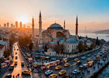 Ultra-realistic view of Istanbul’s iconic skyline with Hagia Sophia and bustling city energy, natural lighting, cinematic, professional travel photography