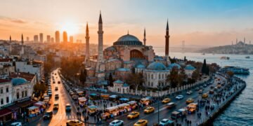 Ultra-realistic view of Istanbul’s iconic skyline with Hagia Sophia and bustling city energy, natural lighting, cinematic, professional travel photography